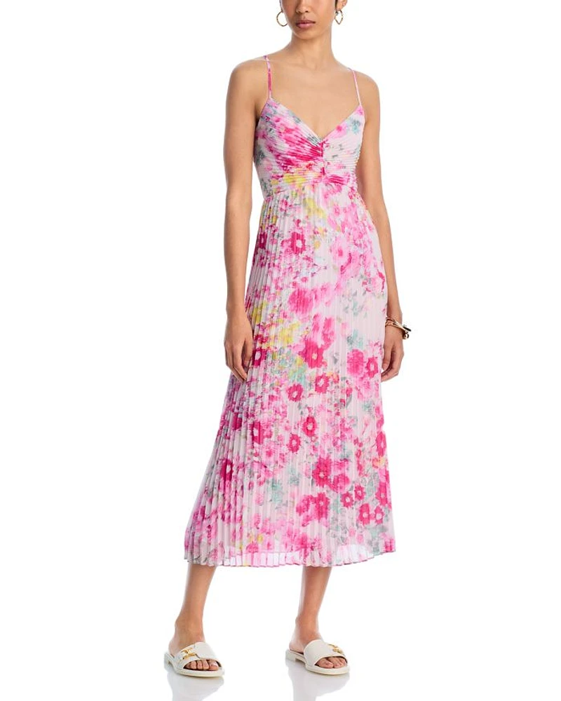 Ray Pleated Floral Chiffon Midi Dress