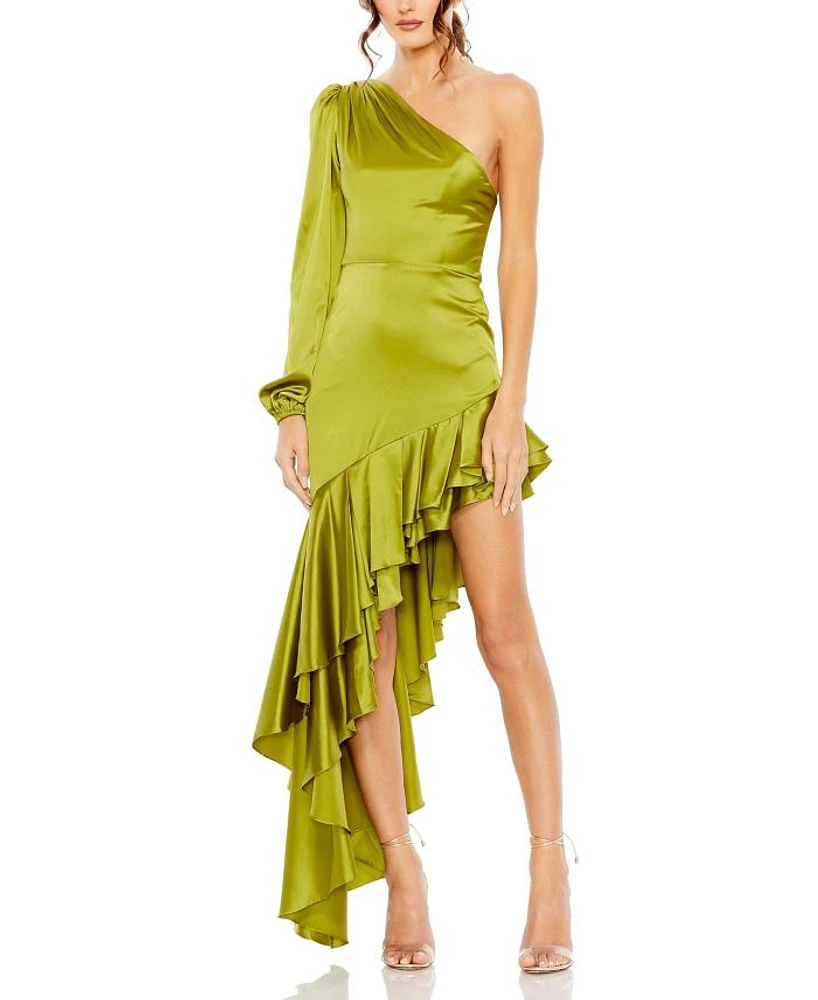 Charmeuse One Sleeve Ruffled Asymmetrical Gown