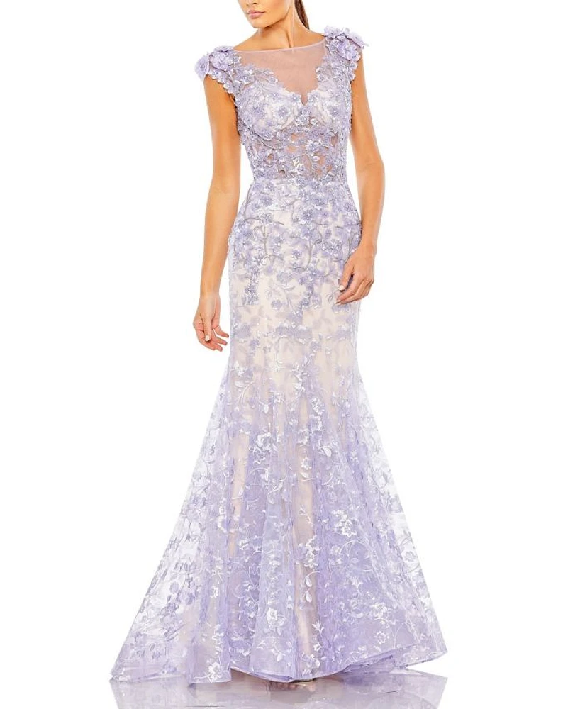 Embellished Cap Sleeve Cowl Neck Trumpet Gown