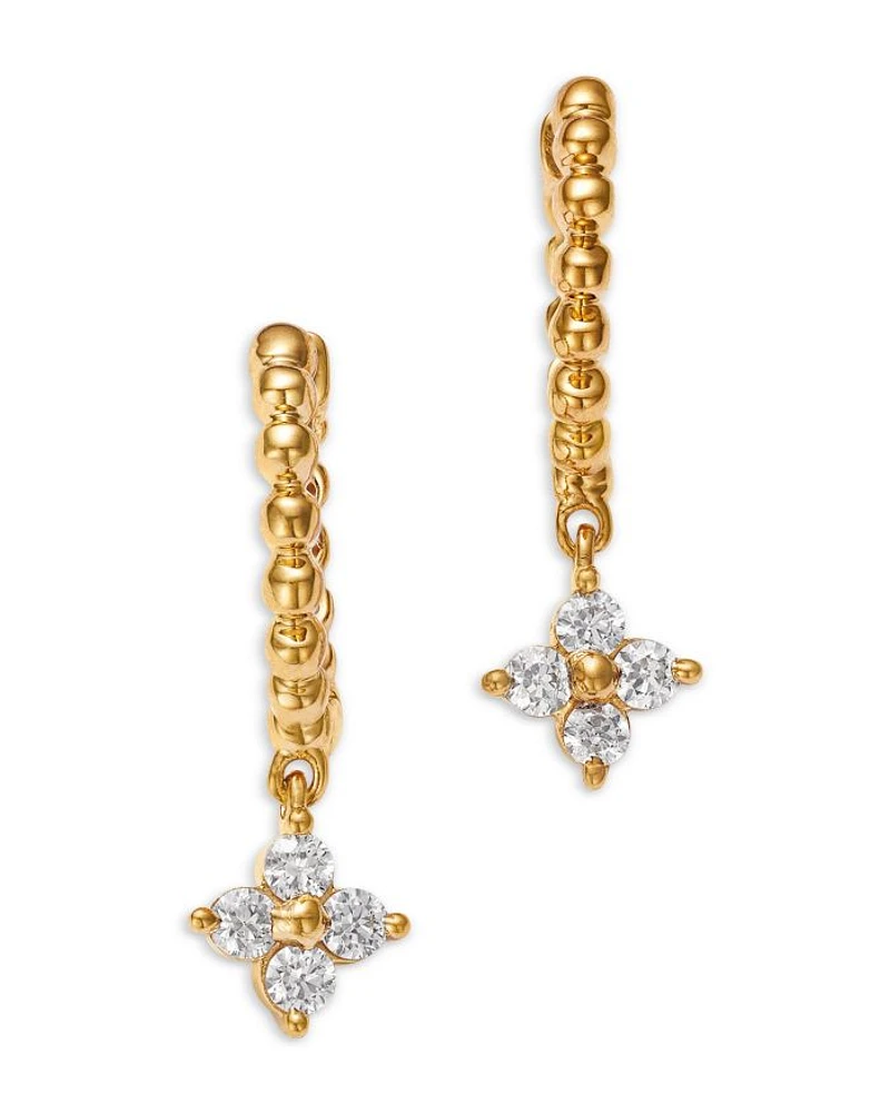 Diamond Flower Dangle & Polished Bead Huggie Hoop Earrings in 14K Yellow Gold, 0.25 tcw