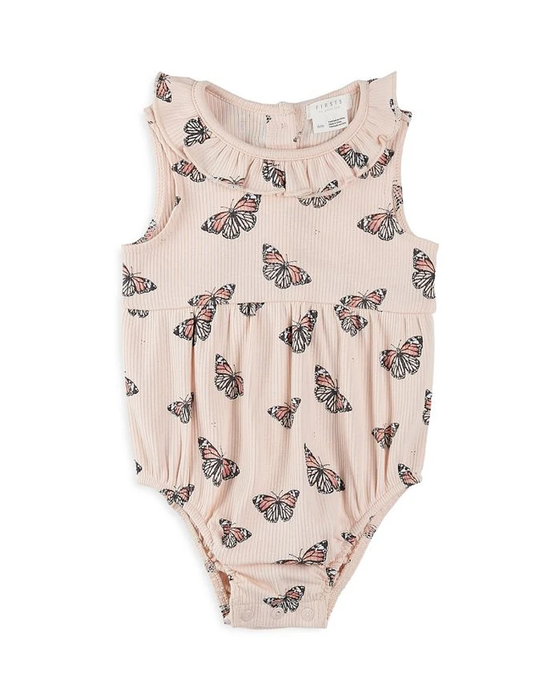 Girls' Monarch Butterfly Print Ribbed Bubble Romper - Baby