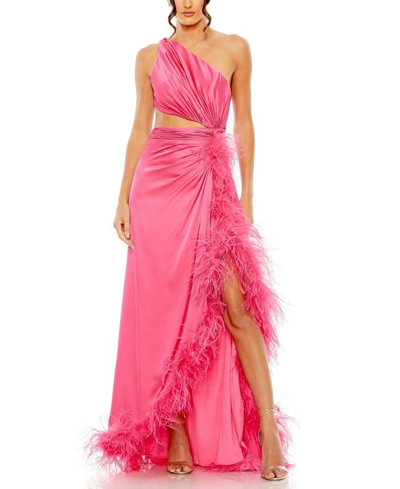 One Shoulder Key Hold Detail with Feather Lining Dress