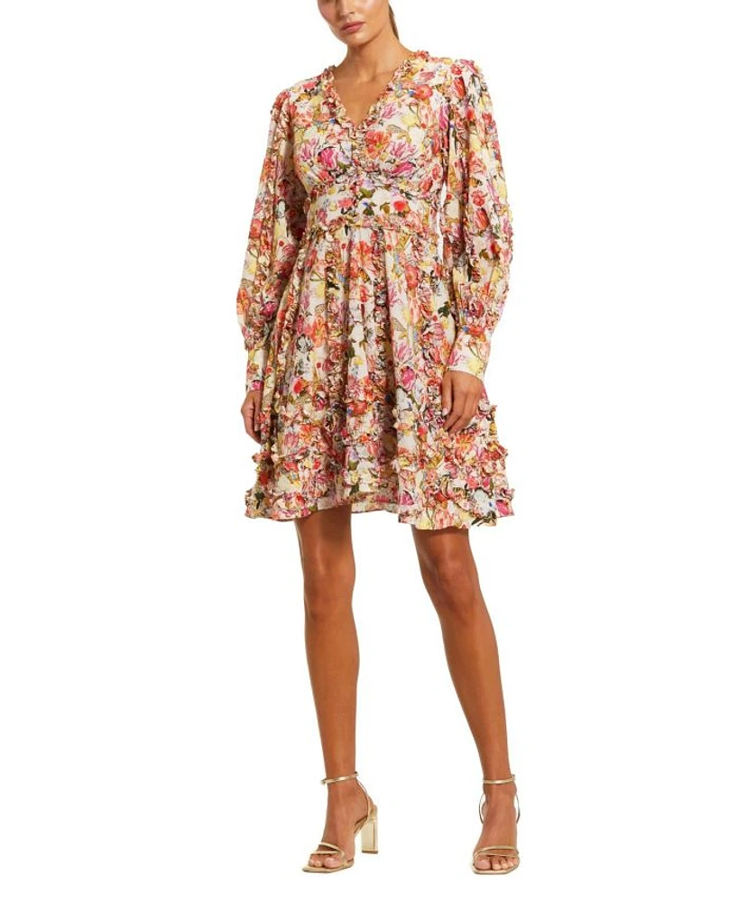 Ruffle Floral V Neck Cotton Mini Dress