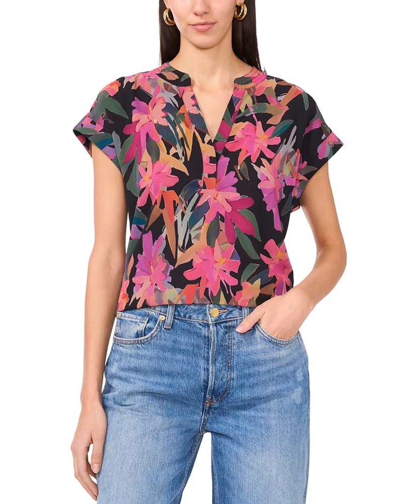Printed Split Neck Short Sleeve Blouse