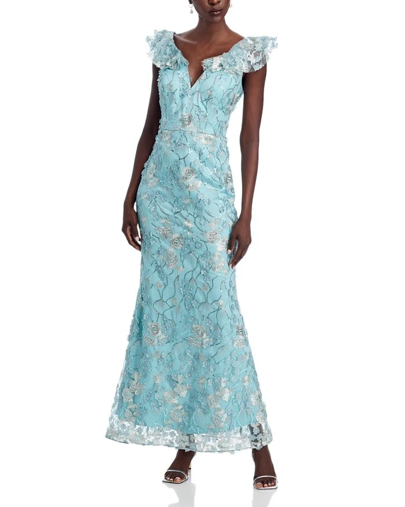 V-Neck 3D Flower Sleeveless Gown