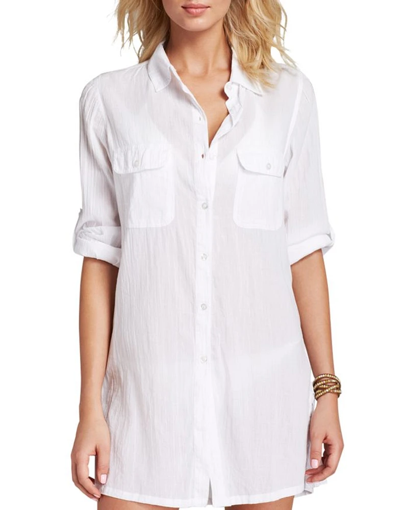 Crushed Cotton Camp Shirt Swim Cover-Up