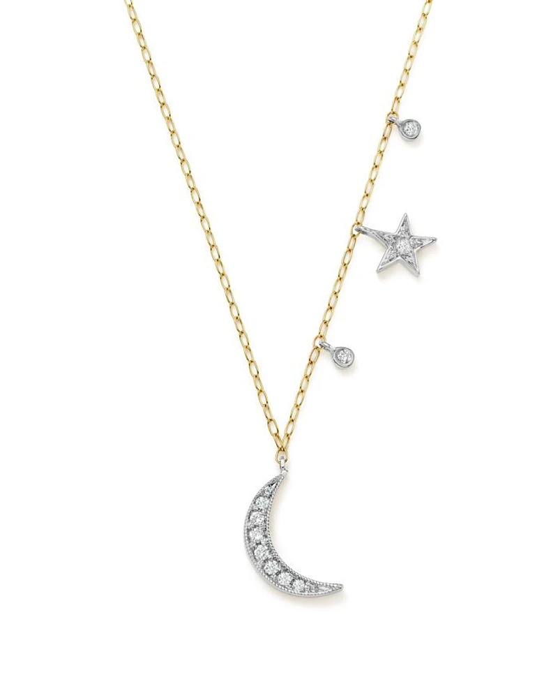 14K White and Yellow Gold Diamond Moon and Star Pendant Necklace, 16"