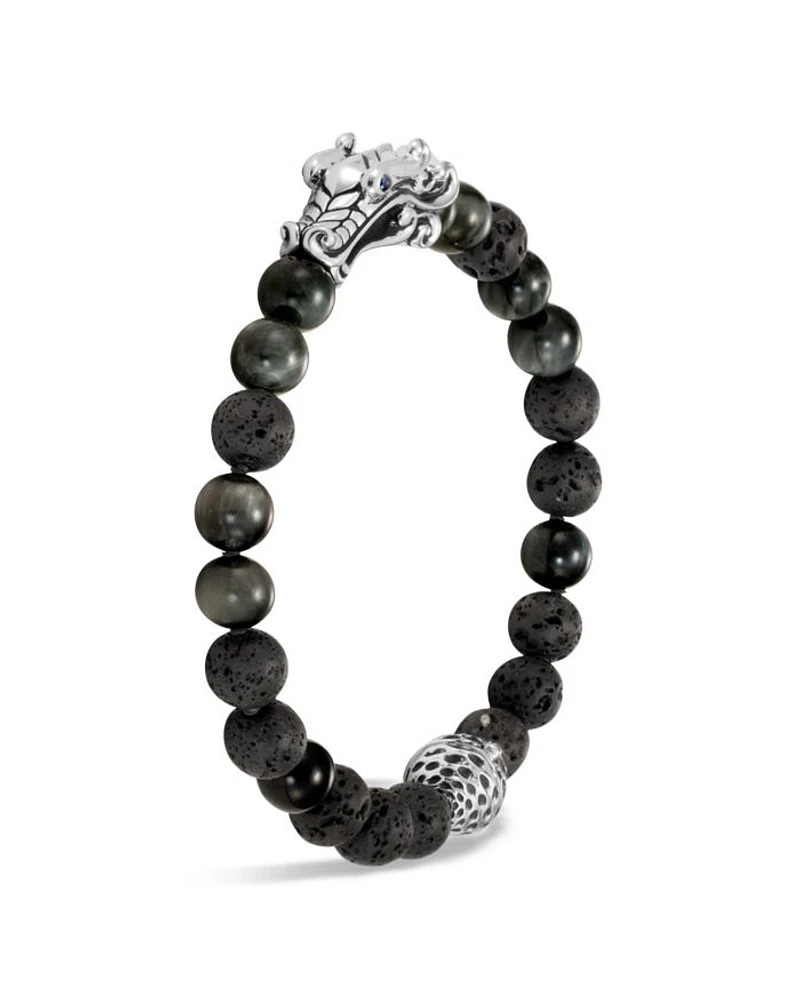 Men's Sterling Silver Legends Naga Black Volcanic Rock Beaded Bracelet with Sapphire Eyes