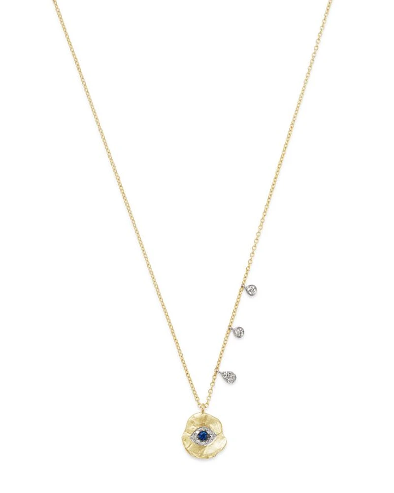 14K White & Yellow Gold Evil Eye Sapphire & Diamond Disc Pendant Necklace, 16"