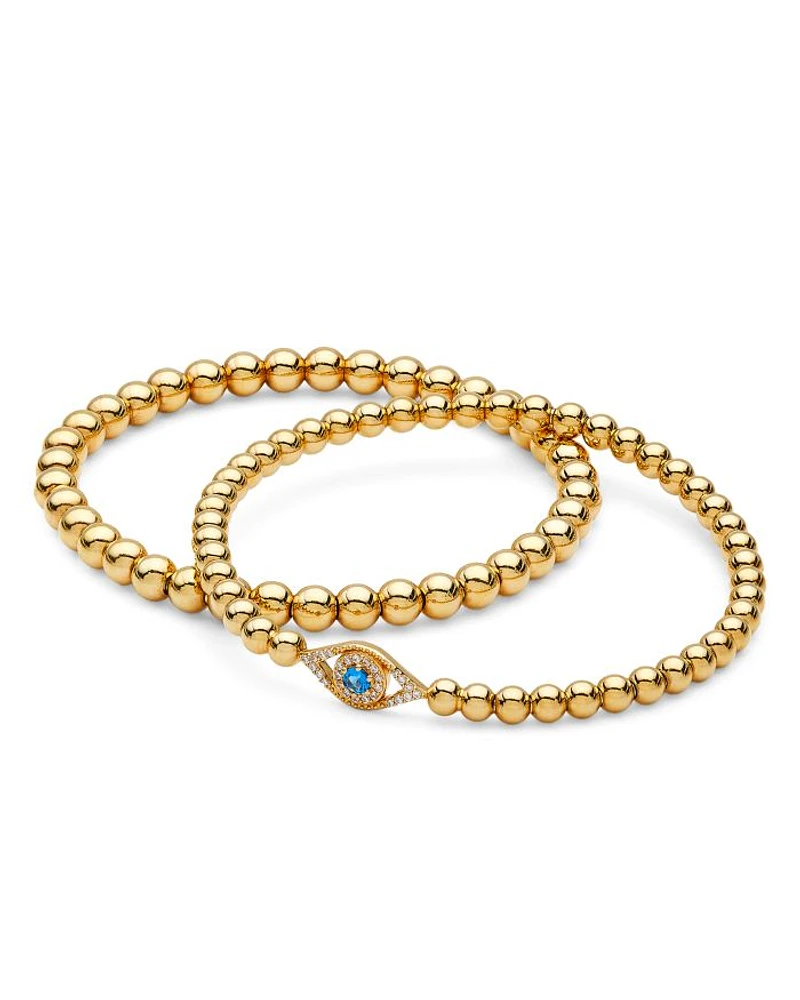 Evil Eye Cubic Zirconia Beaded Stretch Bracelets, Set of 2