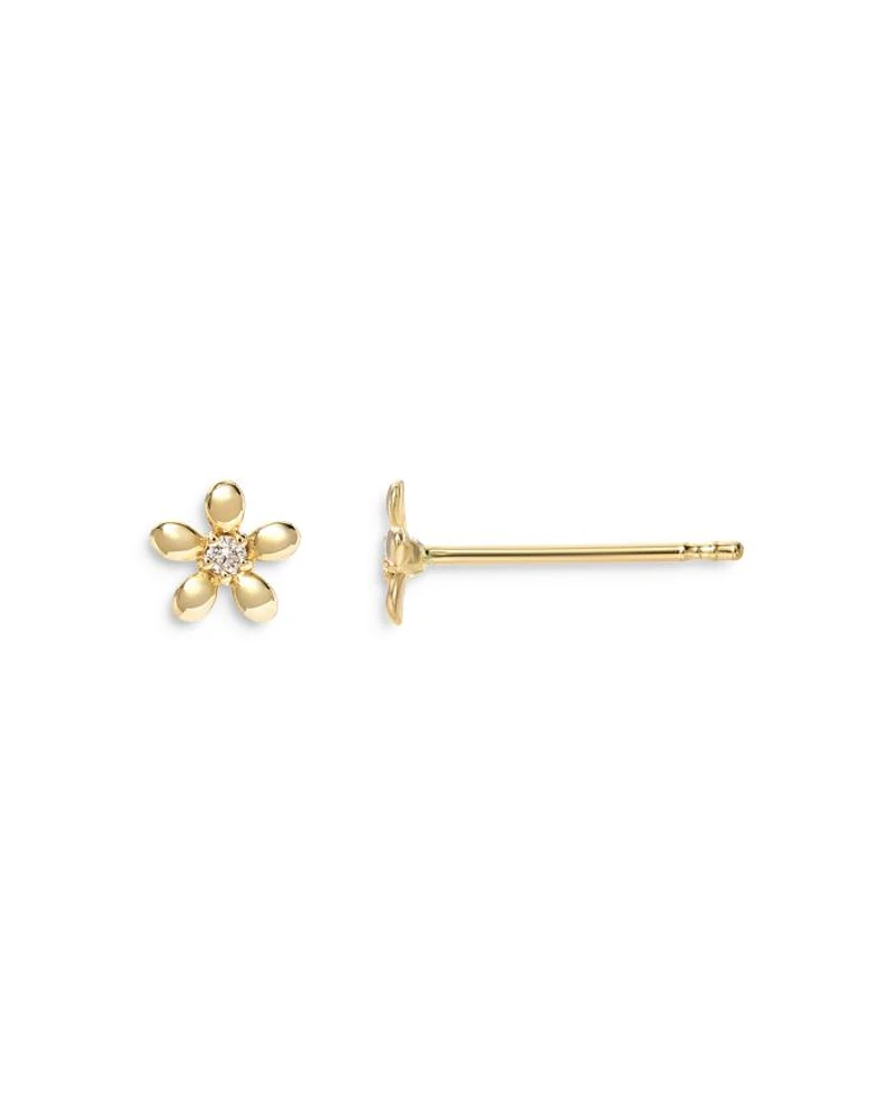 14K Yellow Gold Tiny Diamond Flower Stud Earrings