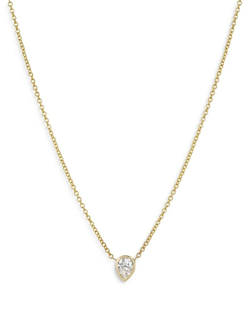 14K Yellow Gold Pear Diamond Bezel Pendant Necklace, 16-18"