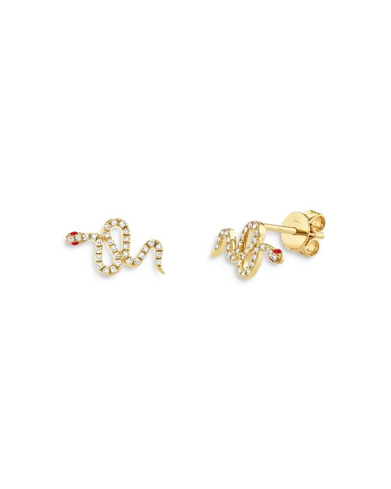14K Yellow Gold Diamond & Ruby Snake Stud Earrings