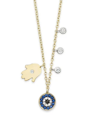 Diamond Hamsa 14K Yellow Gold Evil Eye Necklace, 16"