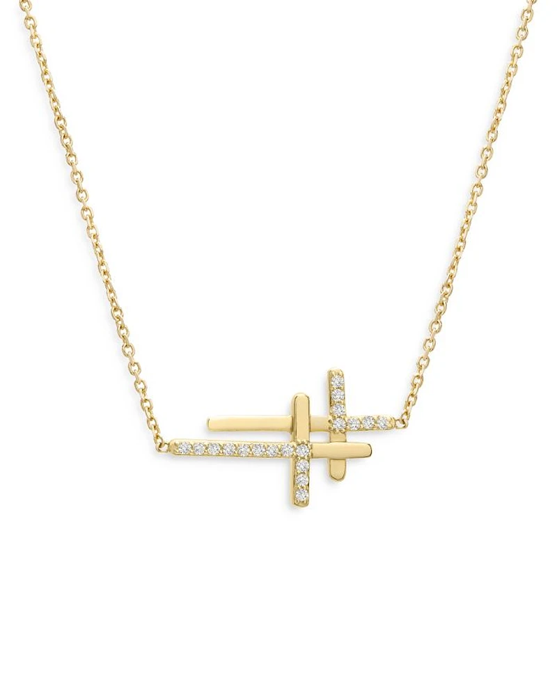 Diamond Double Cross Necklace in 14K Yellow Gold, 0.15 tcw