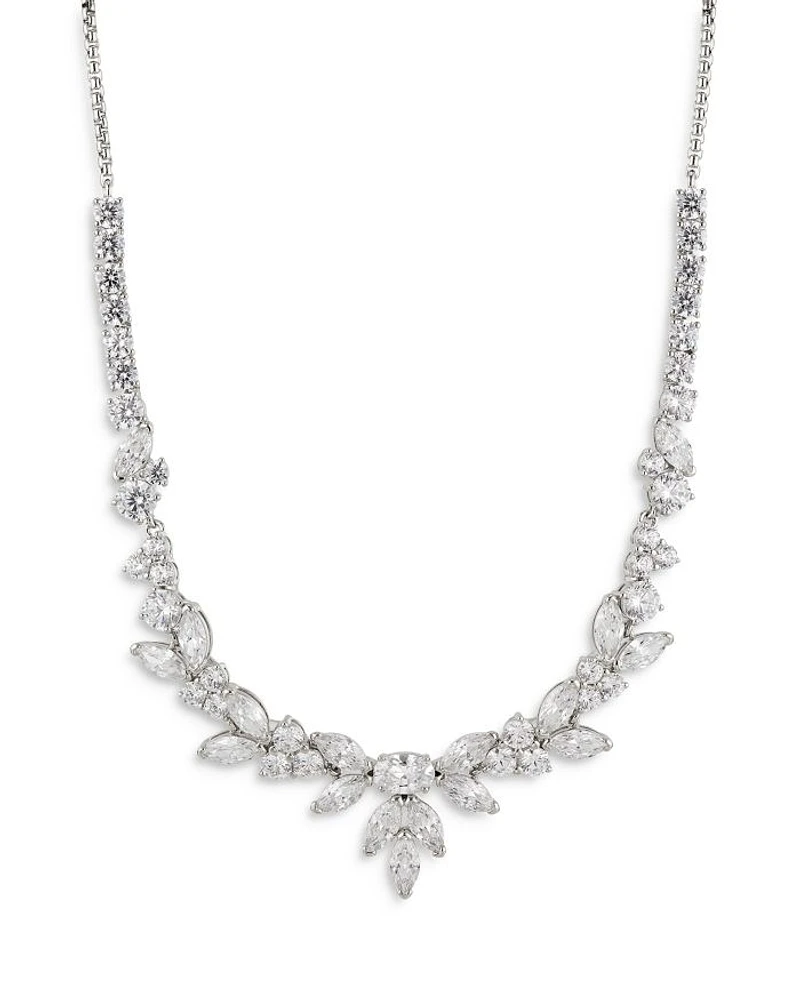 Prima Cubic Zirconia Cluster Statement Necklace in Rhodium Plated, 16"-18"