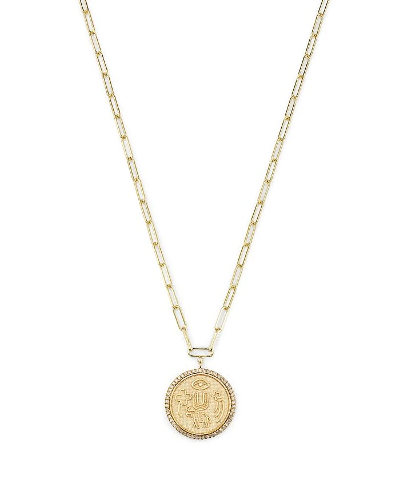 14K Yellow Gold Diamond Coin Charm Necklace, 16"