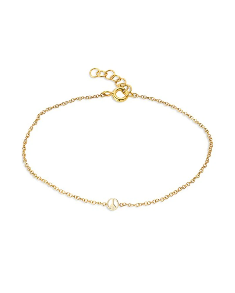 14K Yellow Gold Tiny Peace Sign Chain Link Bracelet