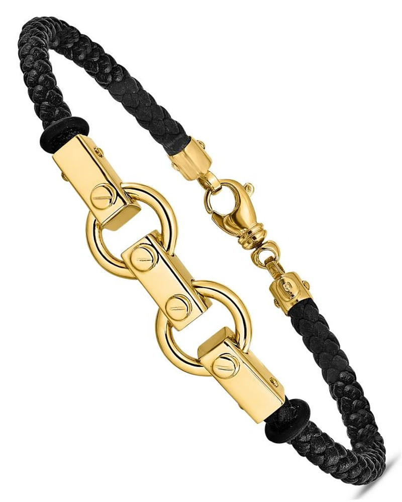 Men's Fancy Link Leather Bracelet in 14K Yellow Gold