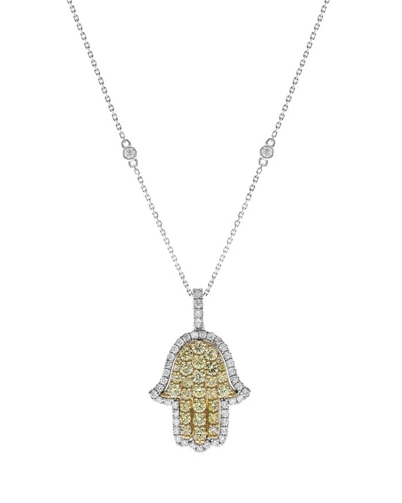 White & Yellow Diamond Hamsa Pendant Necklace in 14K Yellow & White Gold, 1.35 tcw
