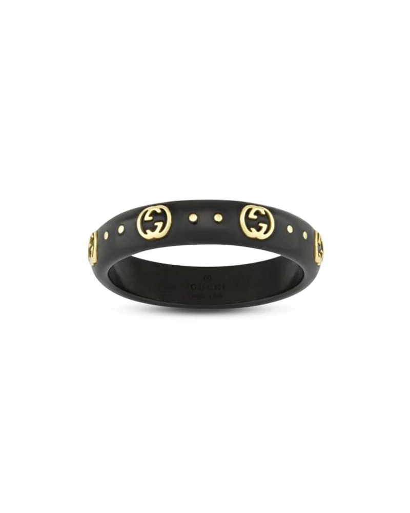 18K Yellow Gold Icon Black Synthetic Corundum Logo Ring (Also White Zirconia)