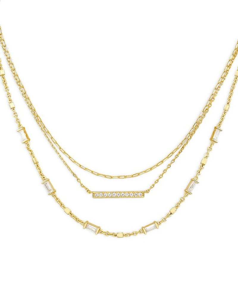 Addison Pavé Bar & Baguette Cubic Zirconia Layered Necklace in 14K Gold Plated, 16"-18"
