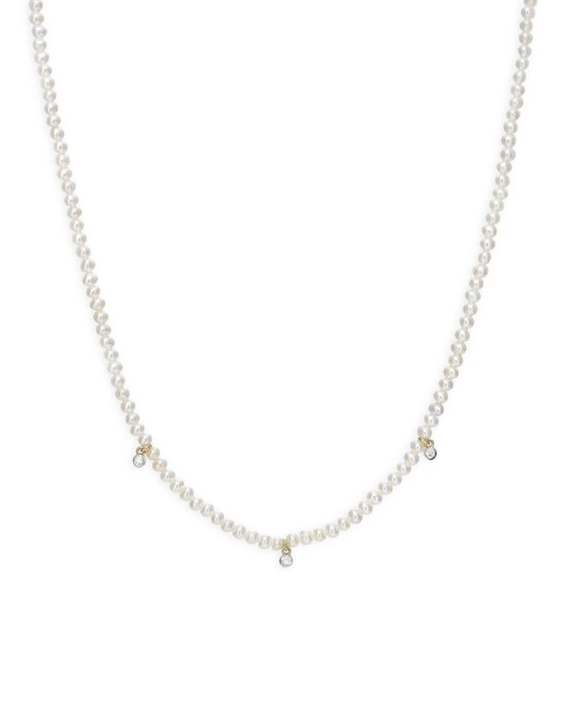 14K Yellow Gold Cultured Freshwater Pearl & Diamond Collar Necklace, 14-16"