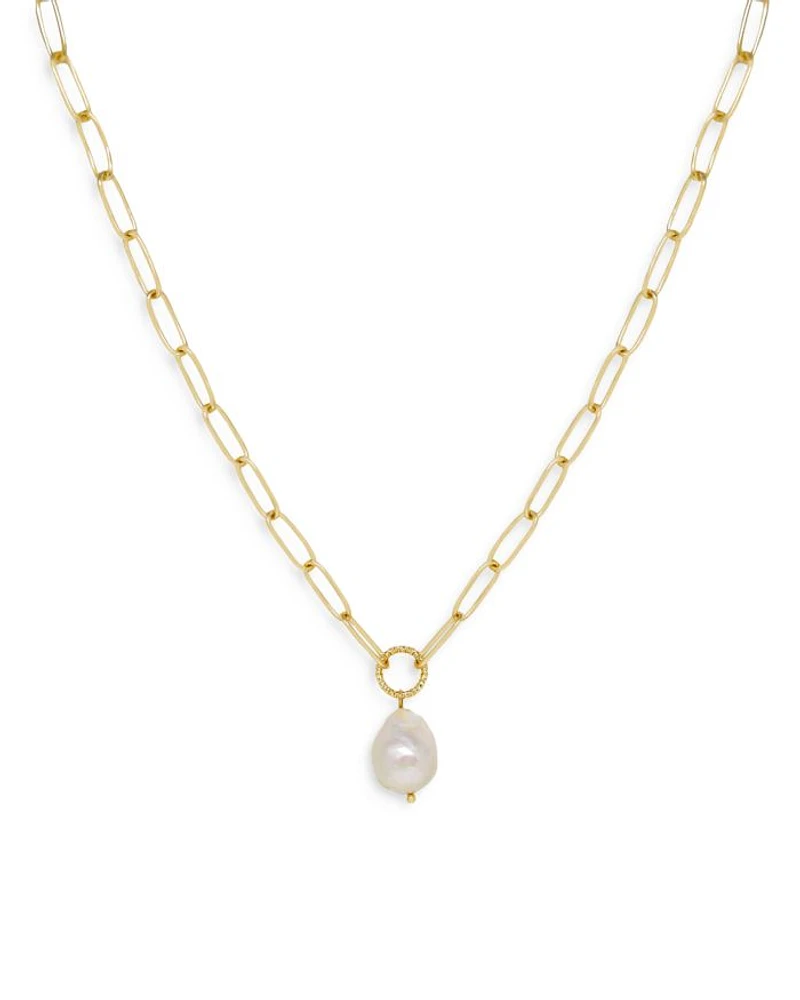 Single Freshwater Pearl Open Links 18K Gold Plated Chain Necklace, 15"