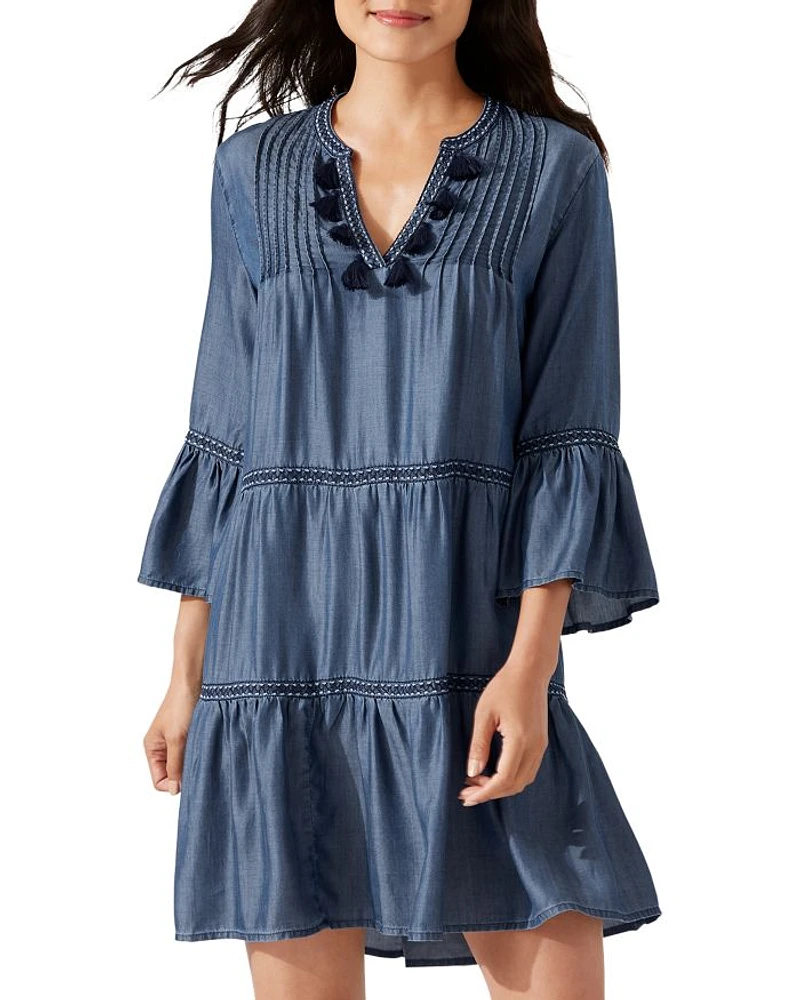 Chambray Embroidered Dress Swim Cover-Up