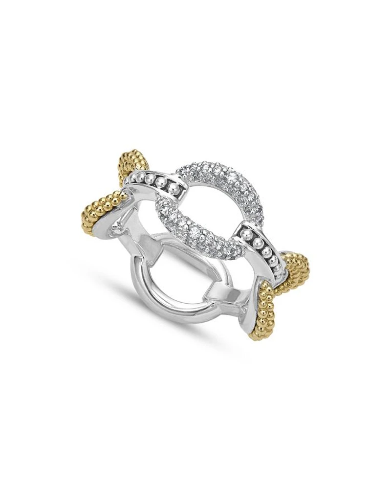 18K Yellow Gold & Sterling Silver Caviar Lux Diamond Oval Link Eternity Band Ring