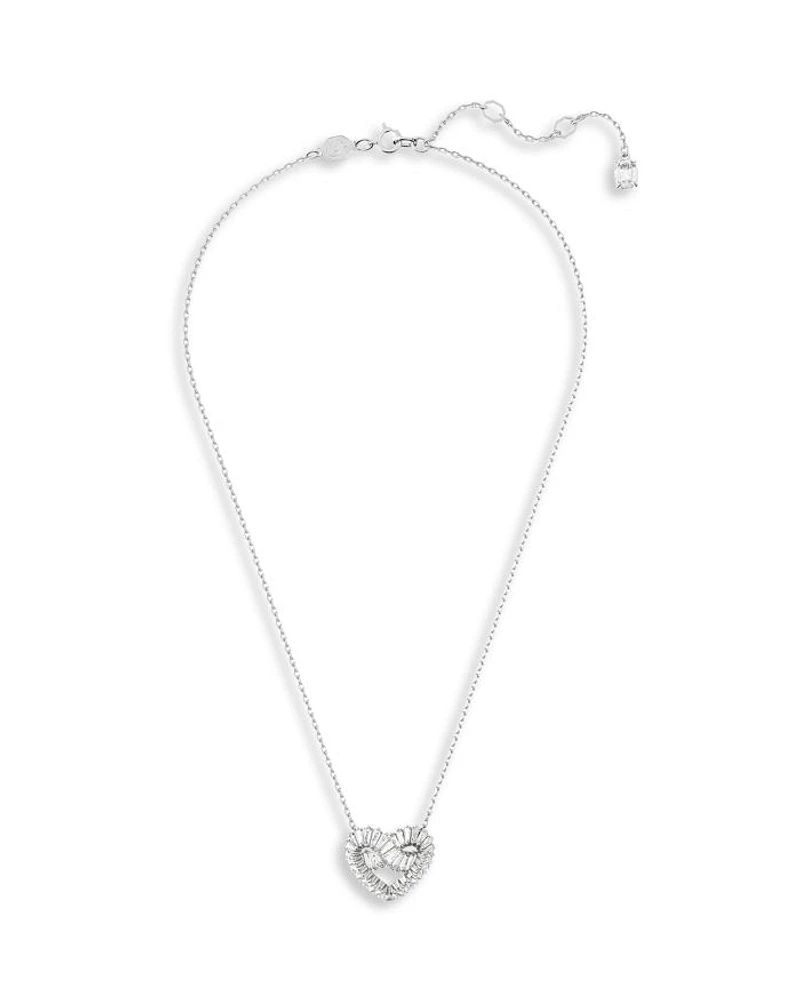 Matrix Baguette Crystal Woven Heart Pendant Necklace in Rhodium Plated, 15"-17"