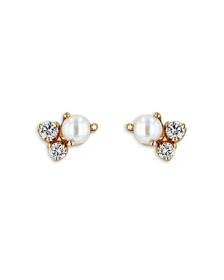 14K Yellow Gold Cultured Freshwater Pearl & Diamond Cluster Stud Earrings