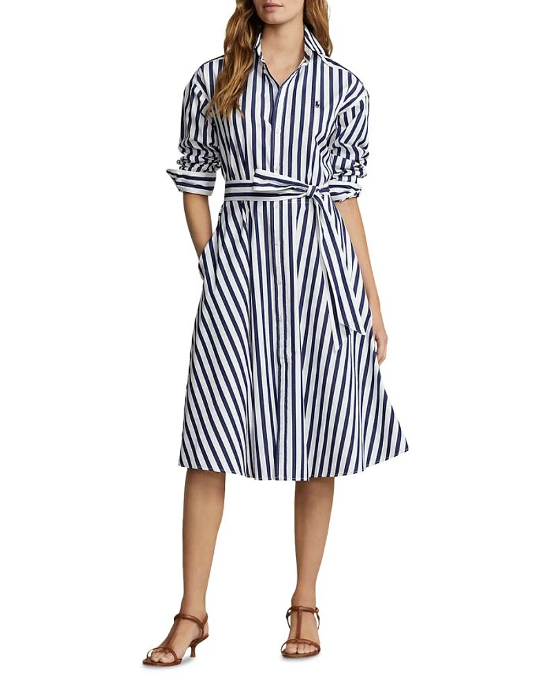 Belted Striped Cotton Shirt Dress