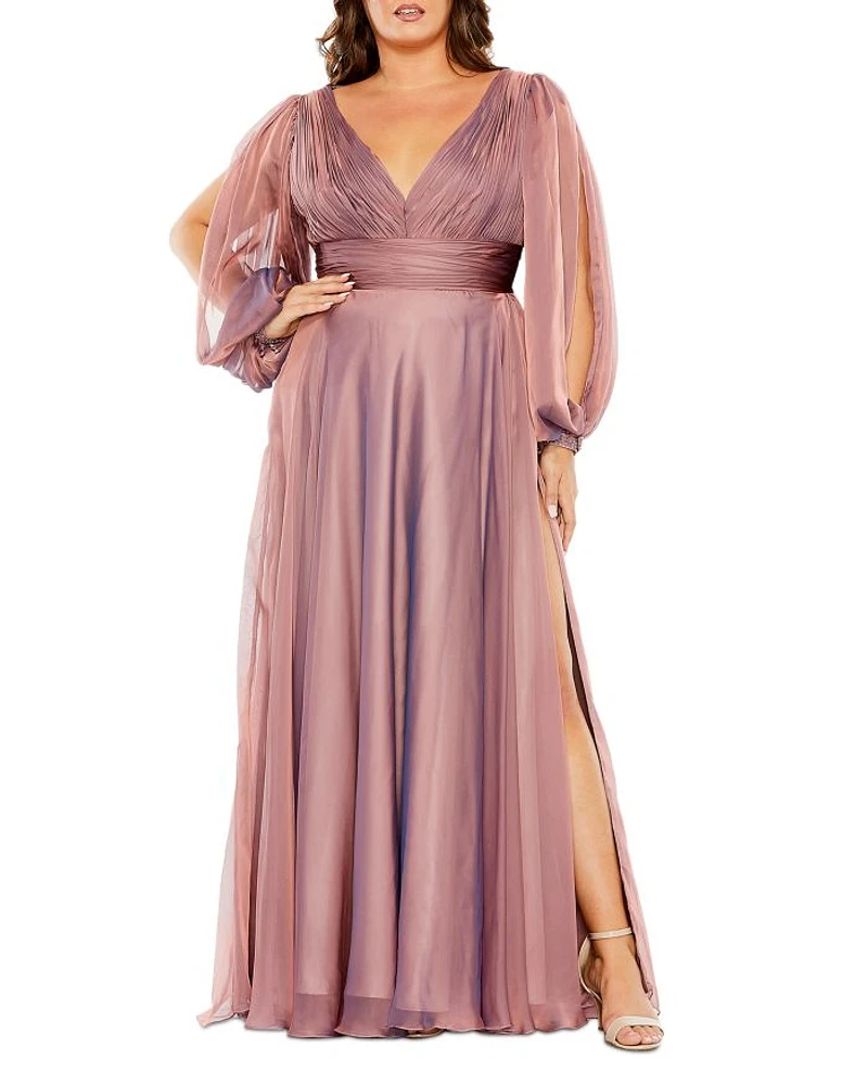 Plus Puff Sleeve Embellished A Line Gown