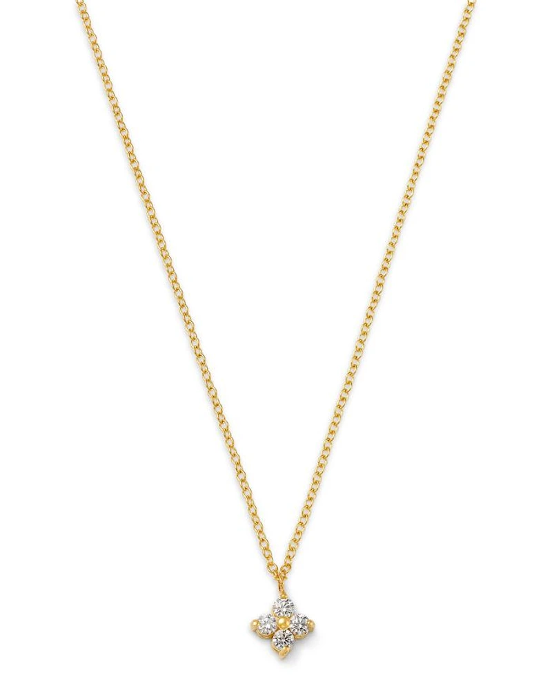 14K Yellow Gold Prong Diamonds Diamond Flower Pendant Necklace, 14-16"
