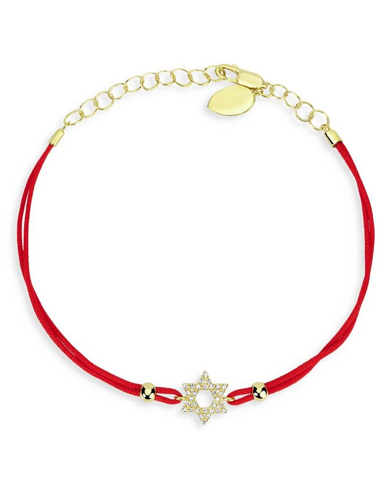 14K Yellow Gold Diamond Star of David Red Cord Bracelet