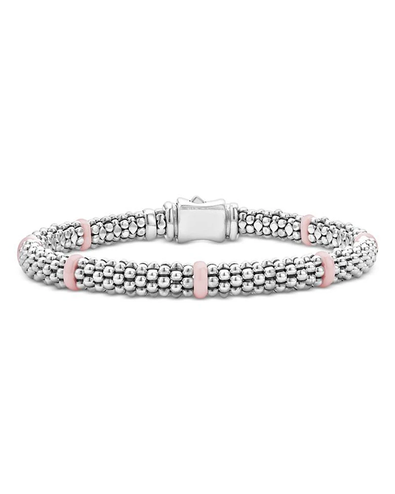 Sterling Silver Pink Caviar Ceramic Bead Link Bracelet