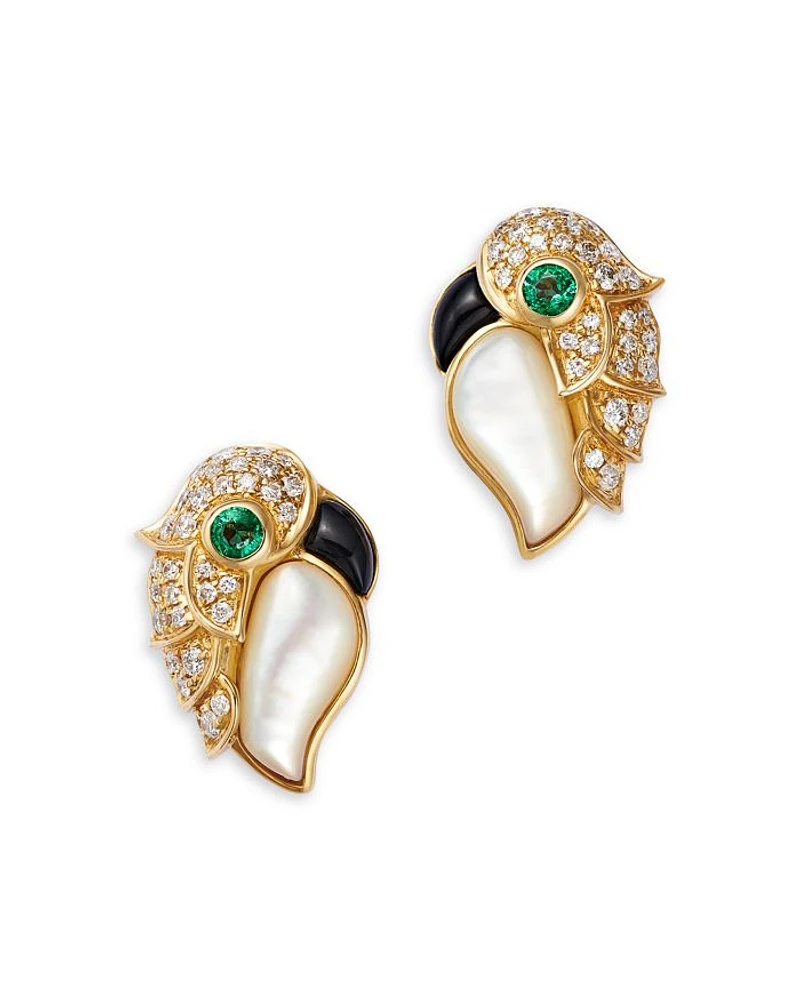 Emerald, Mother of Pearl, Onyx, & Diamond Bird Stud Earrings in 14K Yellow Gold