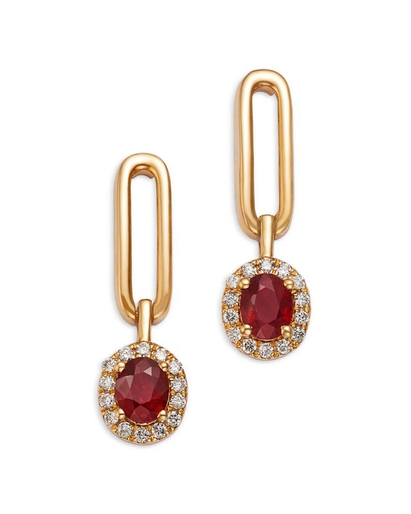 Ruby & Diamond Halo Drop Earrings in 14K Yellow Gold