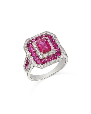 Ruby & Diamond Multi Halo Ring in 14K White Gold