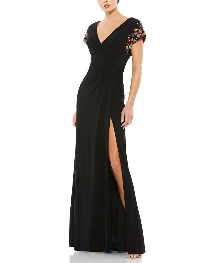 Embellished Sleeve Jersey Wrap Gown