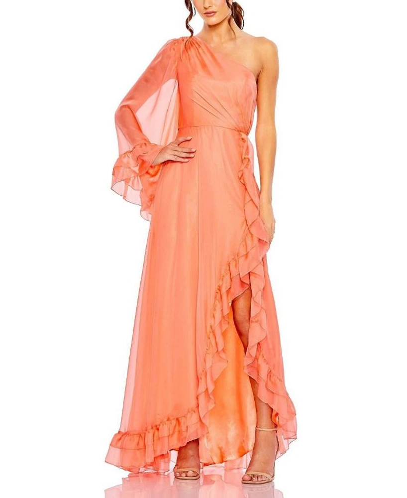 One Sleeve Ruffled Hem Gown