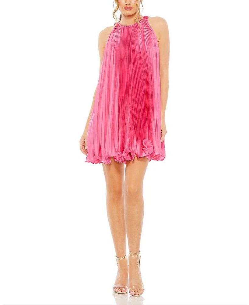 Pleated Halter Neck Flowy Mini Trapeze Dress