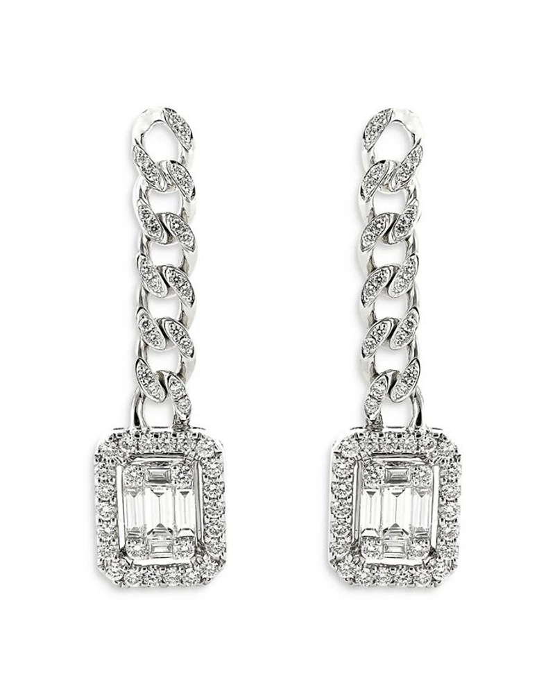 18K White Gold Groumette Link Dangling Earrings with Diamonds, 0.96 tcw
