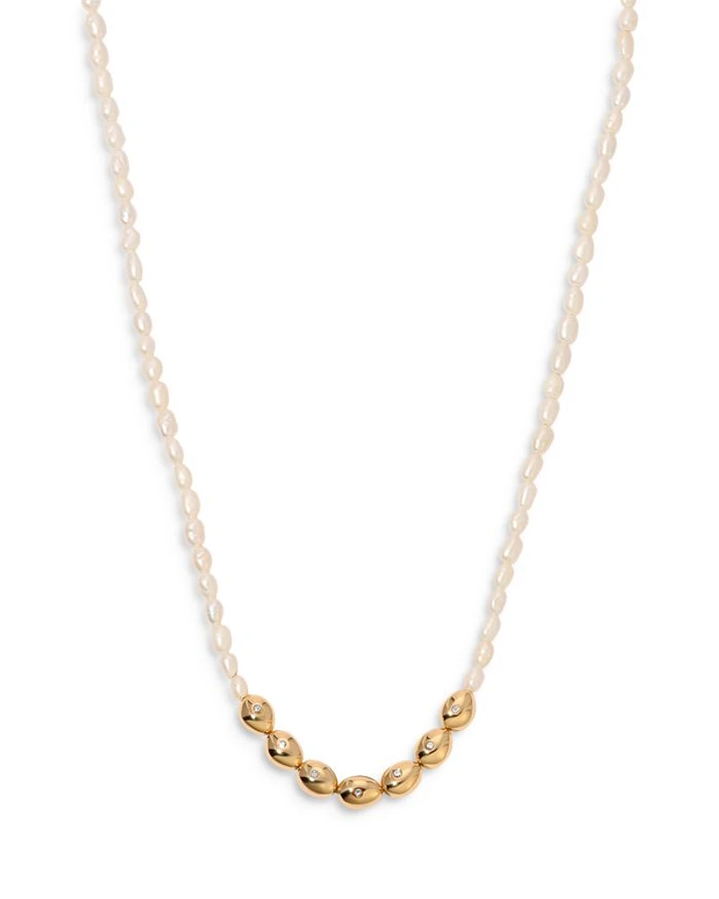 Pavé & Cultured Freshwater Pearl Polished Pebble Beaded Collar Necklace in 18K Gold Plated, 15"-18"