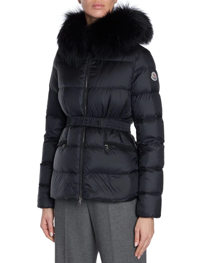 Boed Belted Down Jacket with Shearling Hood Trim