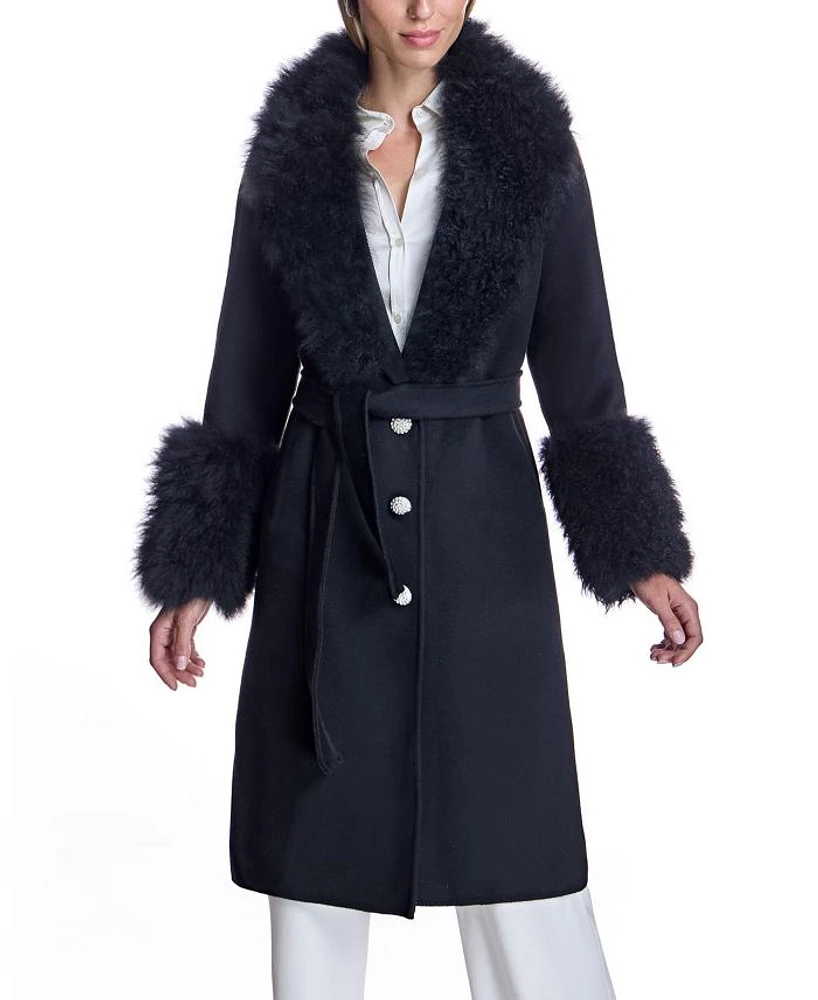 Belted Wool Coat with Rhinestone Button