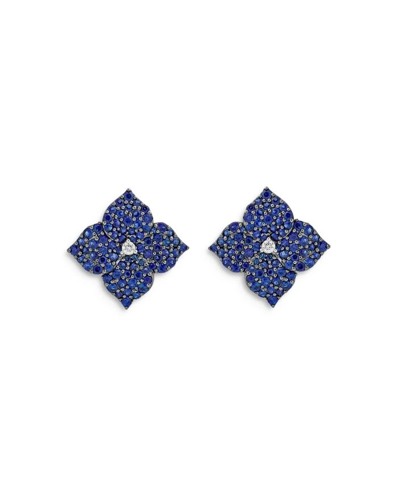 18K White Gold Fiore Blue Sapphire & Diamond Pavé Flower Large Stud Earrings