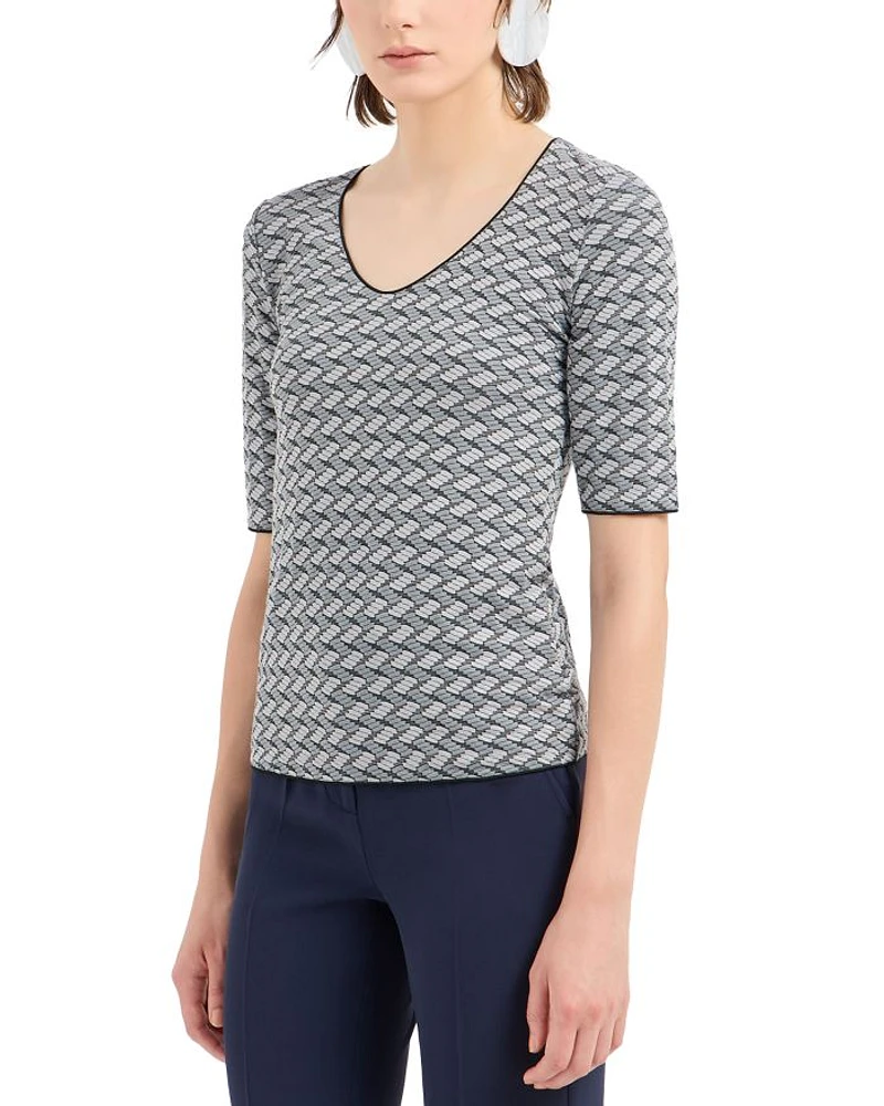 Stretch Jersey Top with Geometric Jacquard Motif