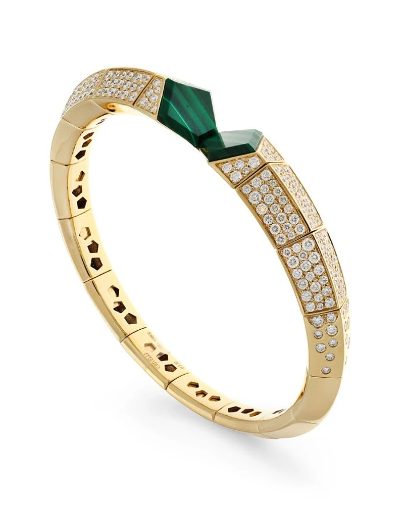 18K Yellow Gold Serpent Malachite & Diamond Stretch Bangle Bracelet - Exclusive